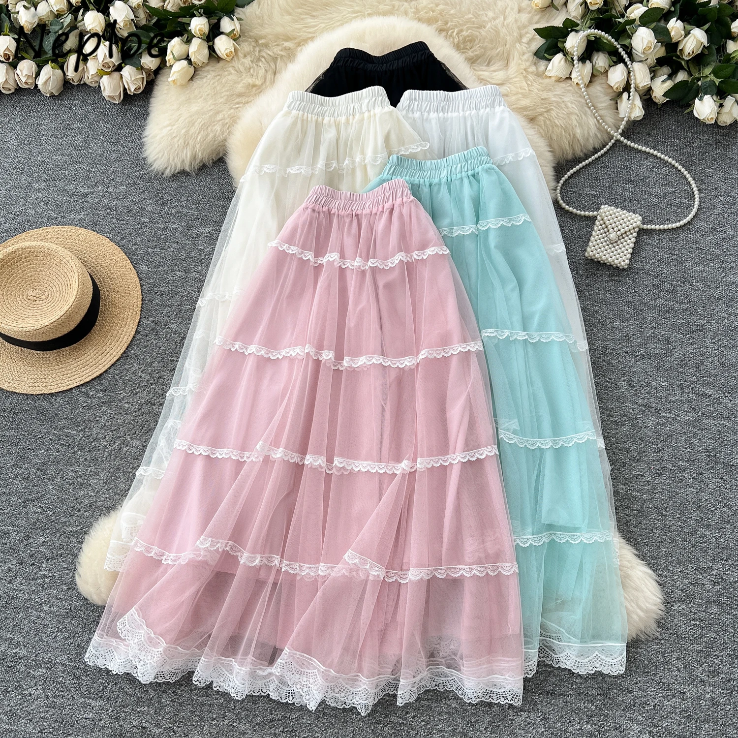 

Neploe New Luxury Fresh French Celebrity Skirt Mesh All-match Lace Flower Patchwork Faldas A-line Princess Big Swing Mujer Falda