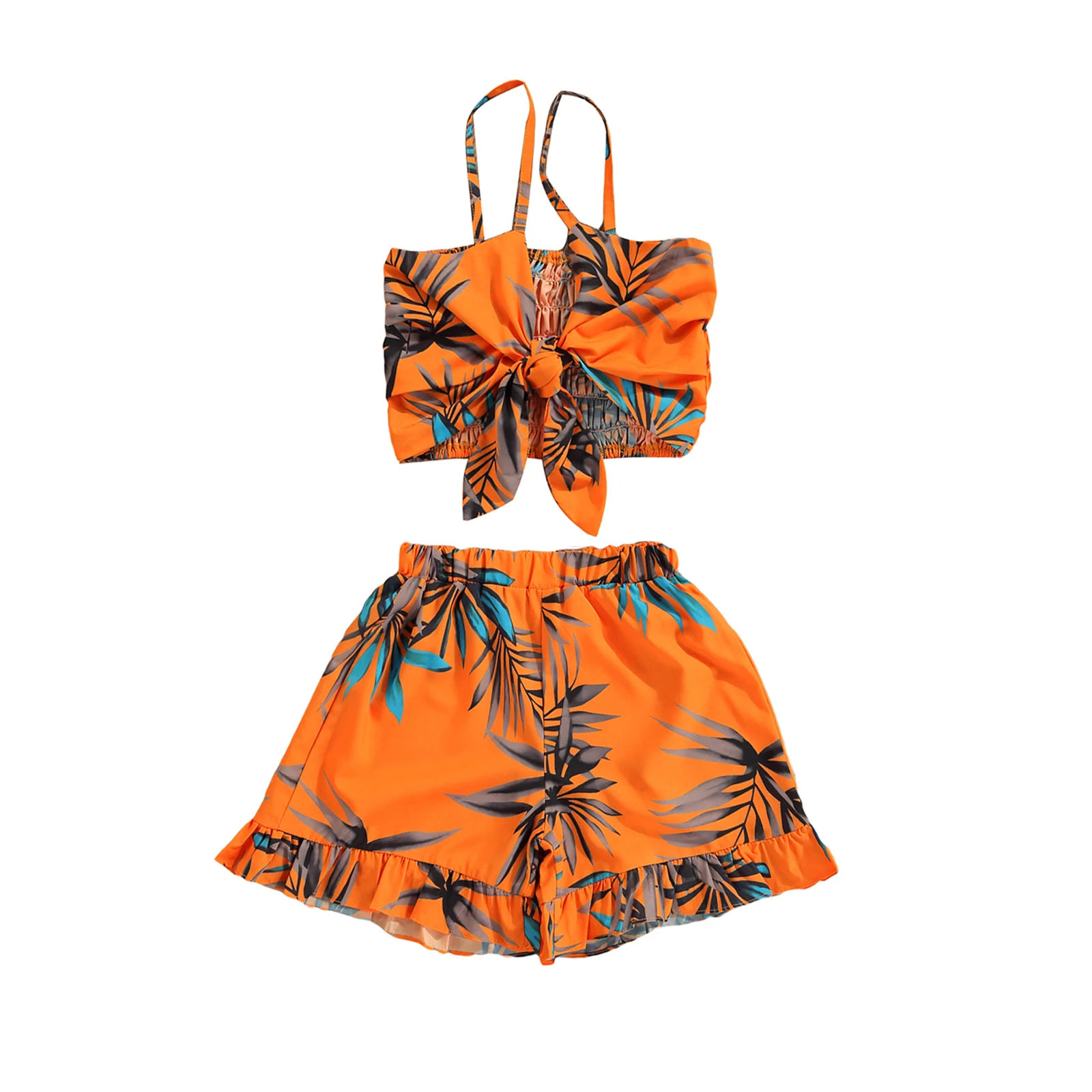 

Girl Tops Shorts Suit Bowknot Sling Summer Shirt Leaf Printed Beach Vest Loose Pants Orange