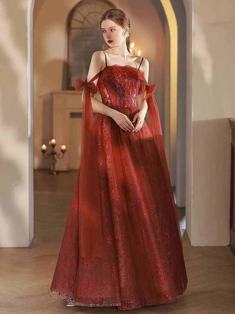 Vestido de dama de honra feminino tijolo vermelho, cinta, tule, costas com cordões, linha A, lantejoulas brilhantes, casamento, concurso, convidado, vestido longo de baile, novo, 2024