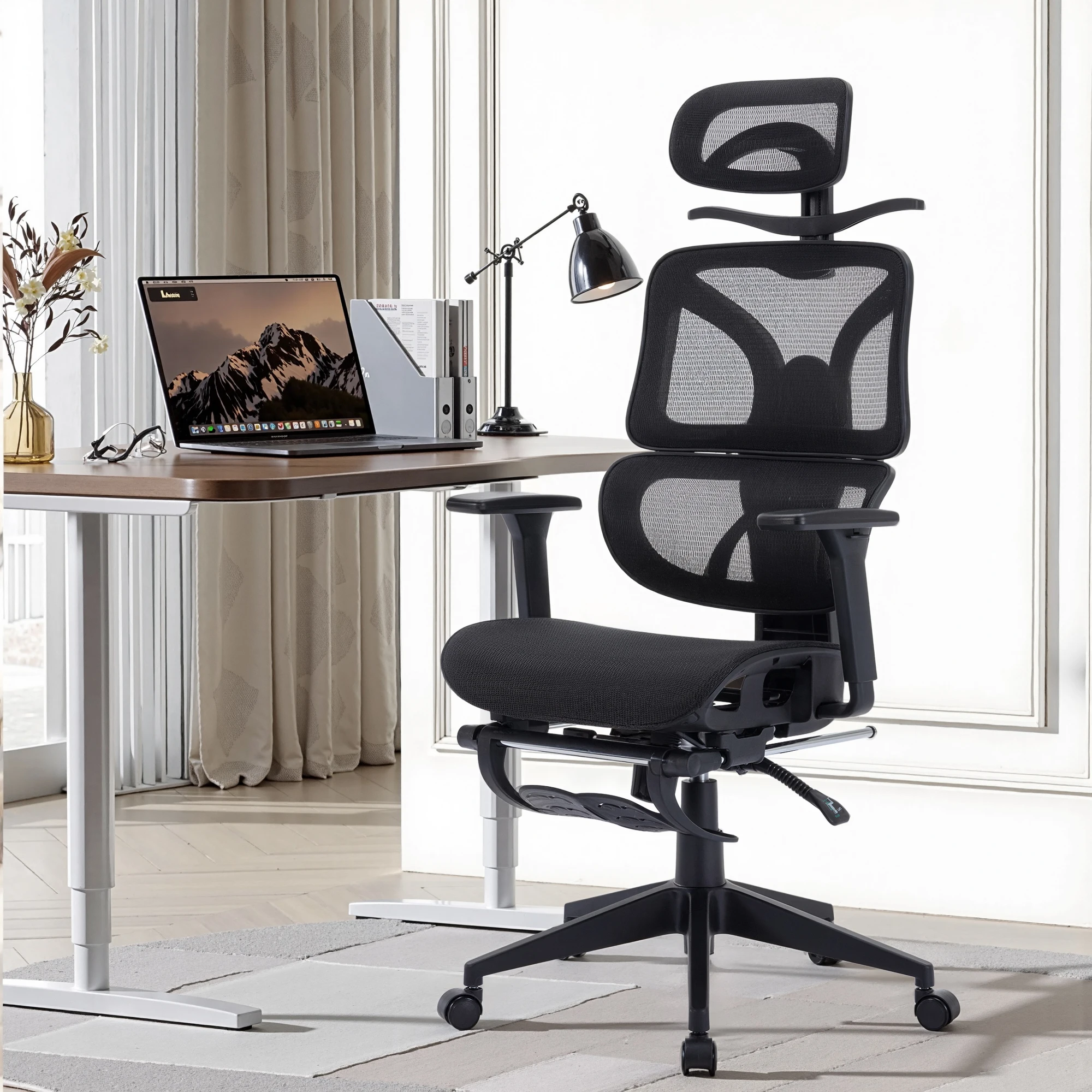 

VECELO Ergonomic Office Chair Adjustable Lumbar Support Black Office Mesh Chair with Padded Arms Headrest Footrest
