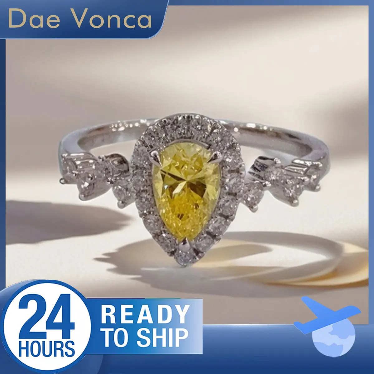 

18K White Gold Yellow Diamond Ring Pear Shaped Lab Grown Diamond Ring Total 0.64ct Unique Diamond Shank Halo Ring For Women