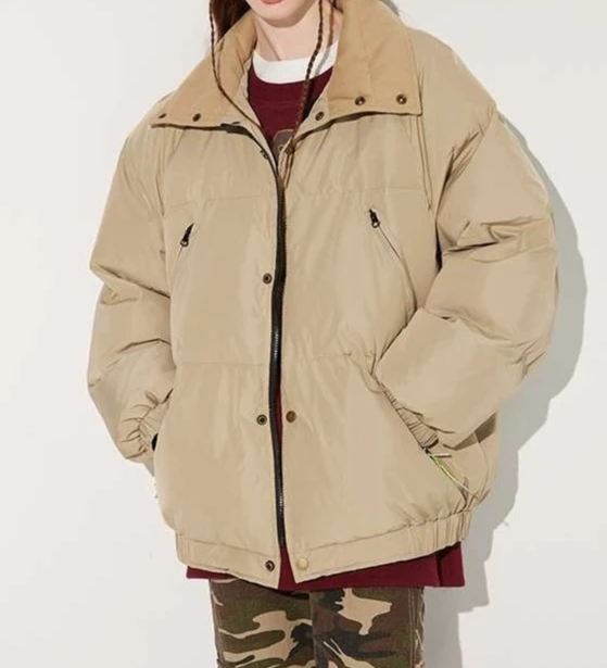 Khaki-colored Simple and Niche Design Collarless Short Coat for Women, Made of Cotton Fabric