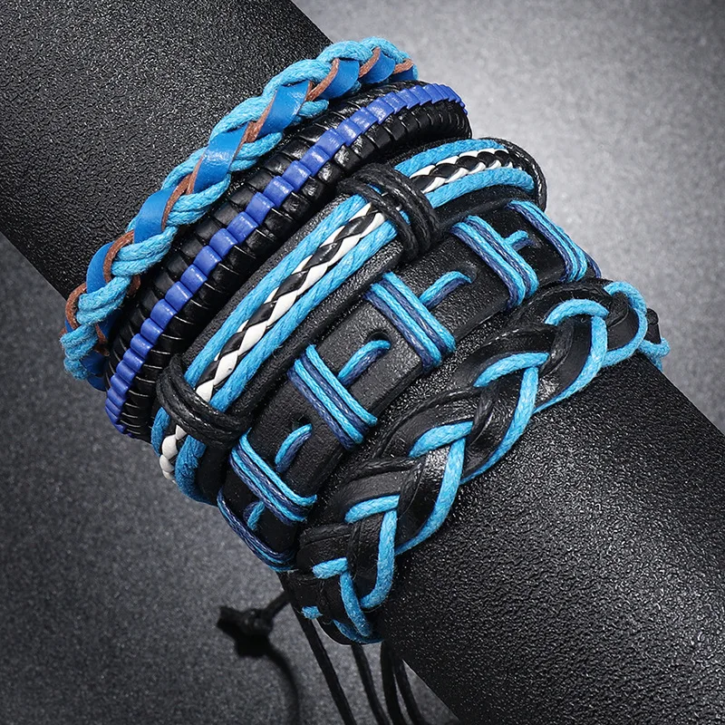 Blue Braided Rope Vintage Men Bracelets Hiphop Hand Strap Punk Bracelet Jewelry Gift 5 Pcs/Set