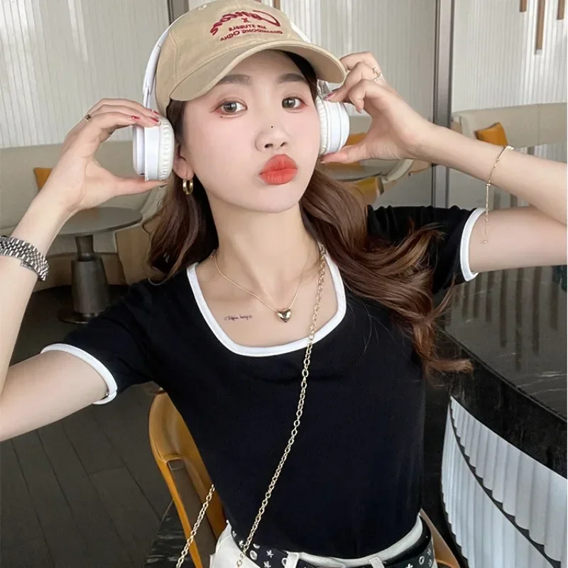 Sweet Girls Rib Cotton Striped Tops Chic Summer New U Neck Striped T-shirts Slim Elastic Casual Tees Fashion Women Streetwear
