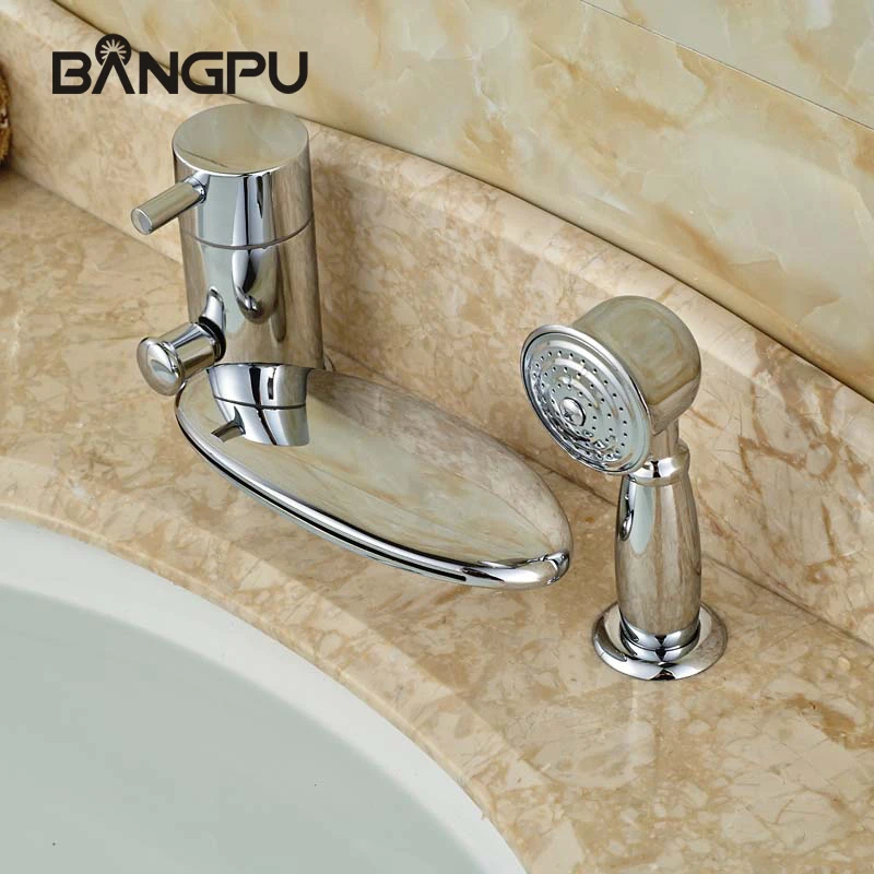 

Deck Mount Bath Tub Faucet Kit with Handheld Shower Chrome Bathtub Faucet Set with Hand Shower Roman Bathroom Tub Faucet Set