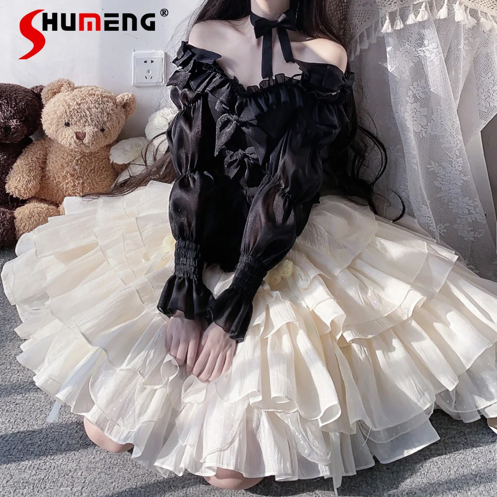 French Elegant Princess Lolita Skirt Set Off-Shoulder Long Sleeve Ruffles Bow Top High Waist Ball Gown Skirt Two-piece Set Women