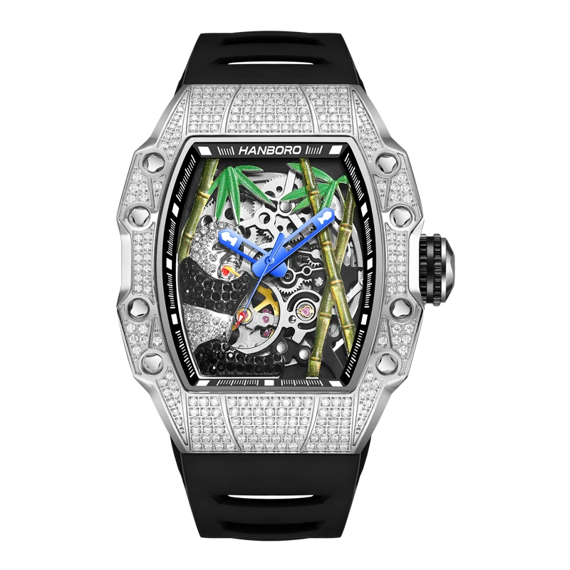 

HANBORO Men Automatic Watch Luxury Mechanical Wristwatch Luminous Tonneau Case Waterproof Skeleton Panda Dial Crystal Bezel