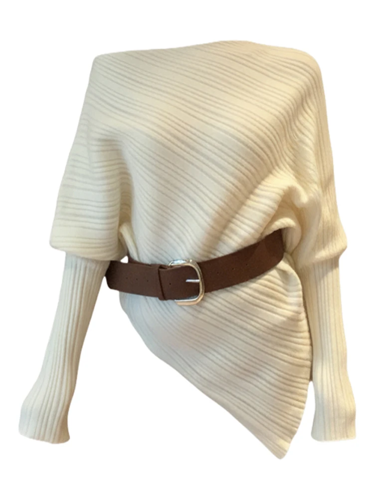 

Autumn Winter Slanted Collar Off Shoulder Knitted Sweater for Women Fashionable Loose Fit with Belt Pullover Sweater S269