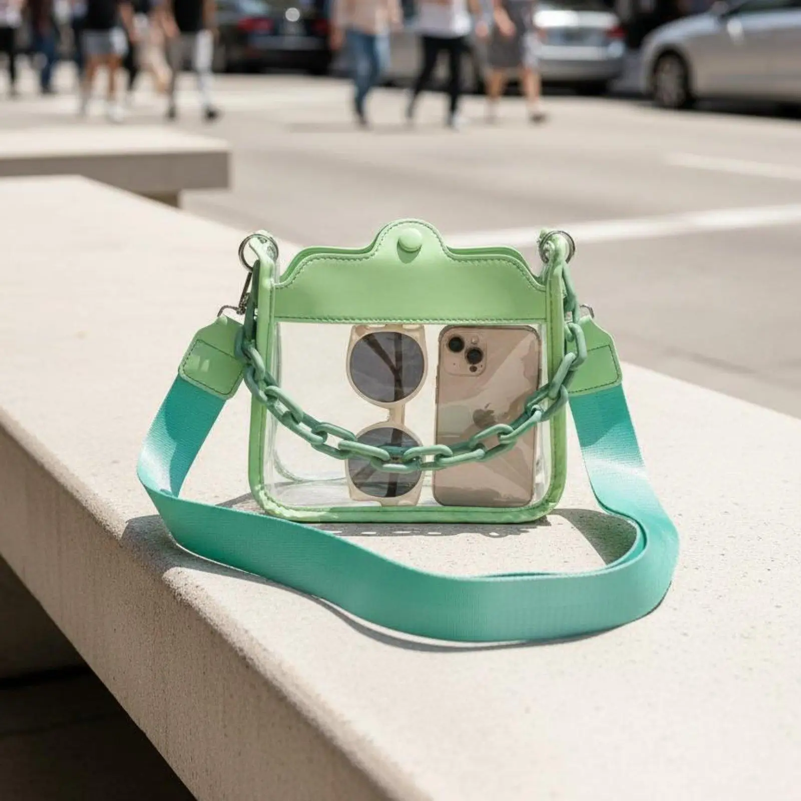Waterproof PVC Women Crossbody Bag Clear Transparent Purse with Macaron Trim Chain Strap for Concert Festival