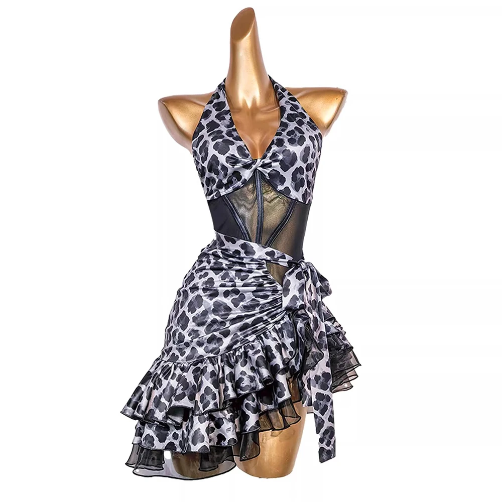 

Женское платье для латиноамериканских танцев с леопардовым принтом, с вырезом халтер, сетчатыми вставками, оборками и юбкой-оберткой для сальсы и танго