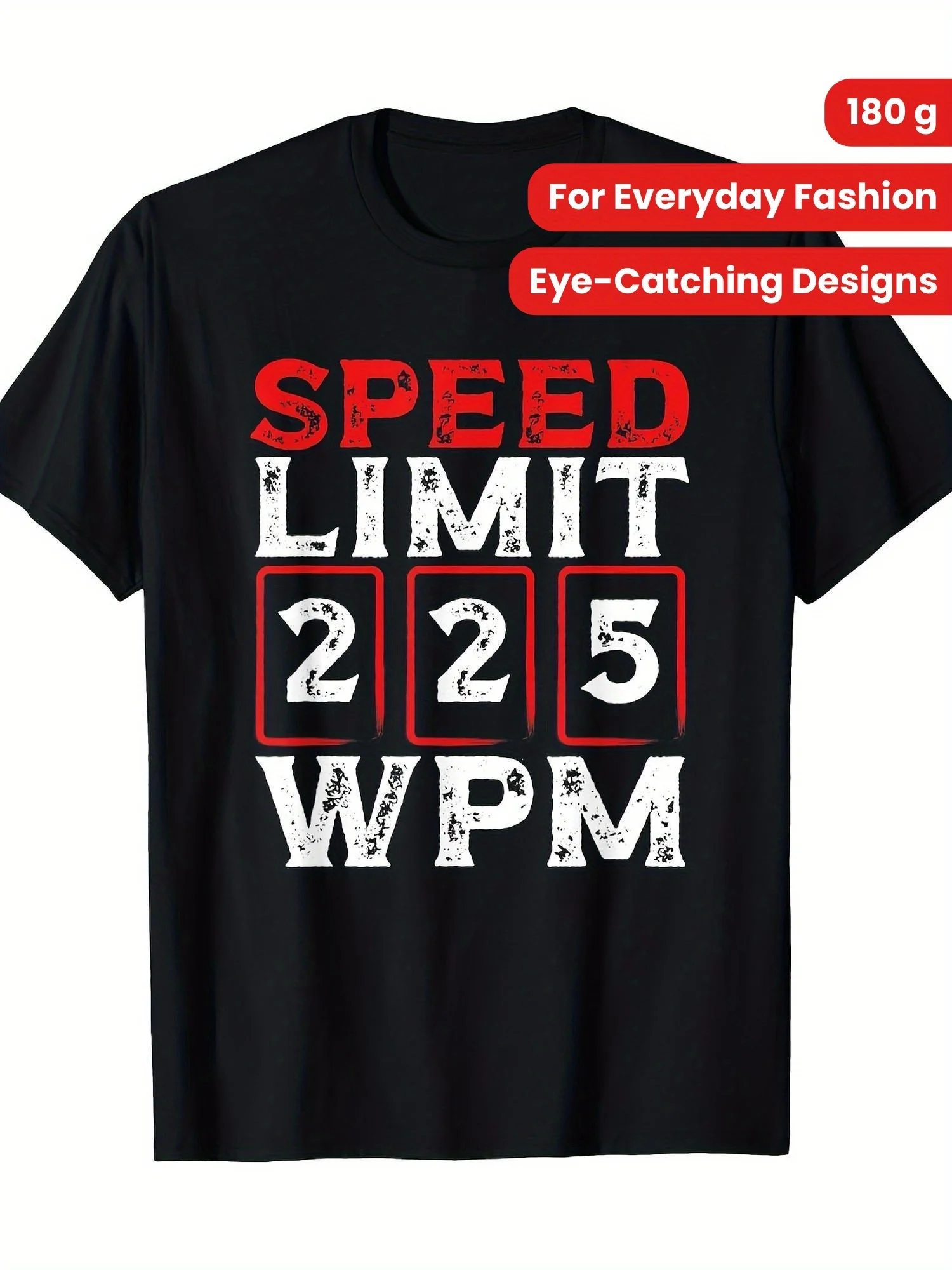 2026 Men's & Speed Limit 225 km/h Racing Car Print T-Shirt - Black with White/Red Speedometer & WPM Text Design, Loose Fit Casua