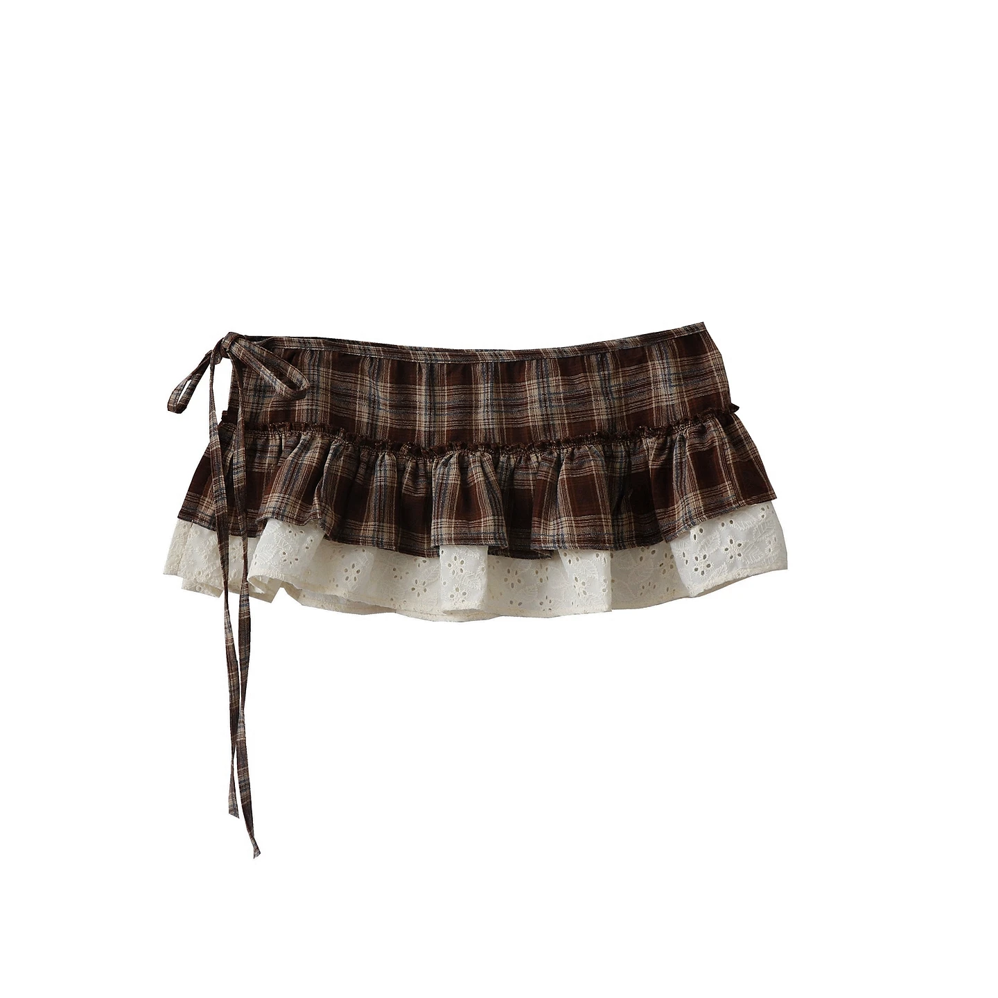 Y2K Karierter Stickerei-Rock für Damen, Retro-Spitze, Patchwork, Rüschenkante, einteiliger Lagenrock, Vorhang-Stil