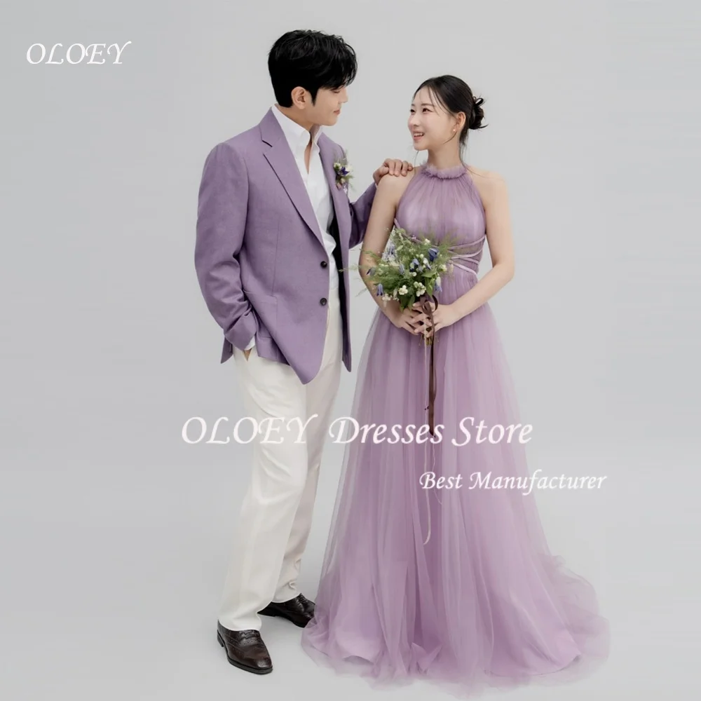 

OLOEY Princess Purple Tulle Evening Dress Korea Wedding Photo Shoot Halter Sleeveless A line Long Party Dress Corset Customized
