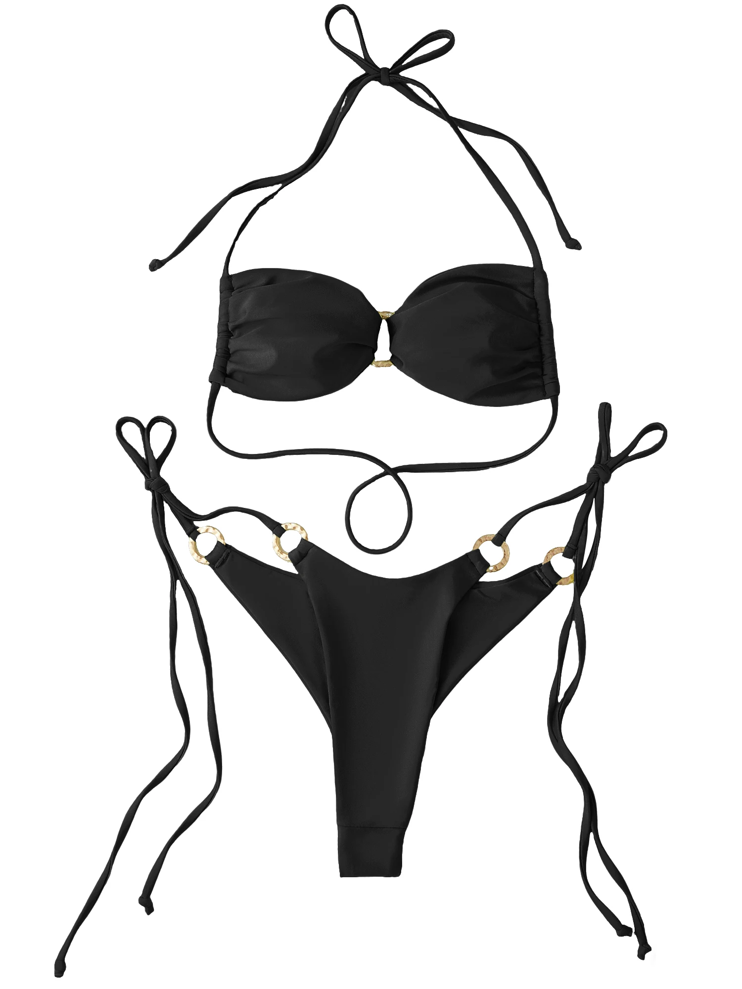 

Женские купальники из двух частей с металлическим круглой бюстгальтером без рукавов и стрингами с низкой талией для стильного пляжного образа