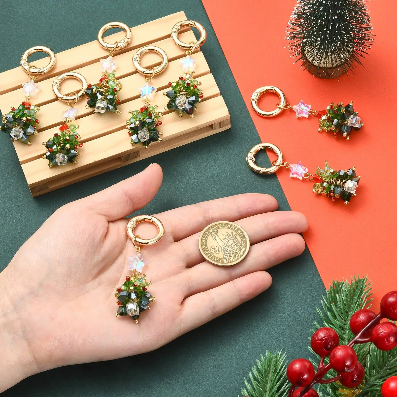 PandaHall 8 Stück Glas- und 304 Edelstahl-Weihnachtsbaumanhänger, dunkelgrüne Feiertagsdekoration für DIY-Schmuckherstellung und Bastelarbeiten. – Detail 4