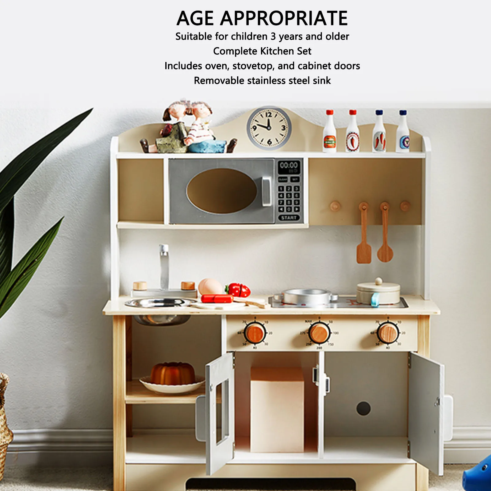 

Wooden Play Kitchen Set Realistic Toddler Kitchen Playset with Oven Dishwashing Sink for Children Above 3 Years Old 68x26x78cm