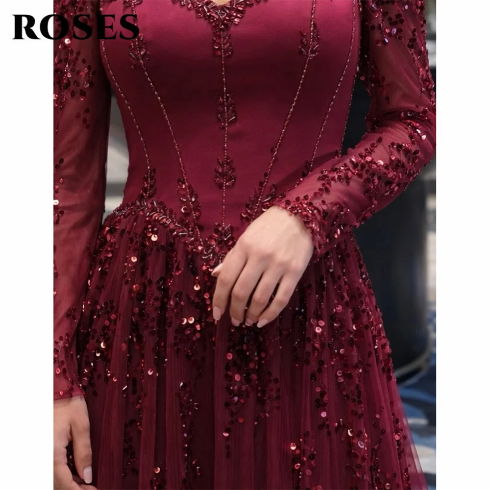 ROSES Burgundy Prom Dresses Off the Shoulder Long Sleeve Celebrity Dress Beading On Chest Evening Dress with Sequin Customized