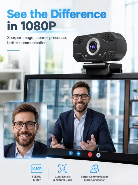 Webcam USB 1080P 2026, Câmera de Computador para Aulas Online, Videochamadas, Zoom, Teams, Streaming, com Microfone