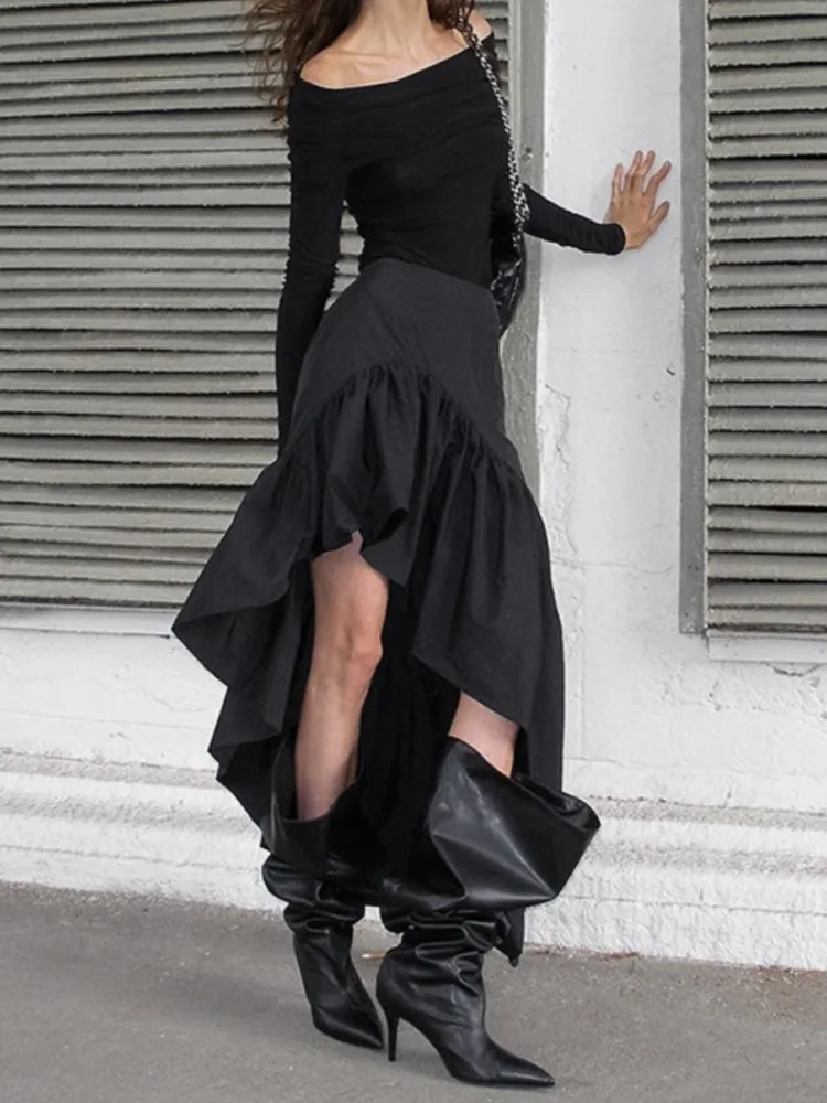 Frauen Temperament Pendeln Unregelmäßigen Rock Frühling Und Herbst Einfache Feste Farbe Hohe taille Open-bein Cascade Rüschen Rock