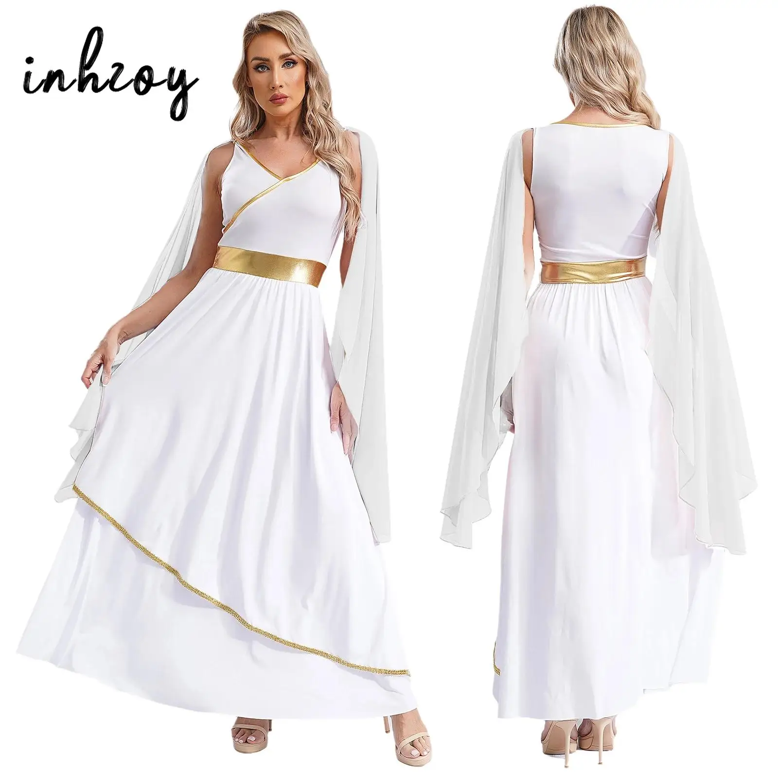 زي توغا اليوناني القديم للسيدات بدون أكمام ورقبة على شكل حرف V مزين بالذهب آلهة اليونان فستان الملكة الرومانية التنكري لكرنفال الهالوين