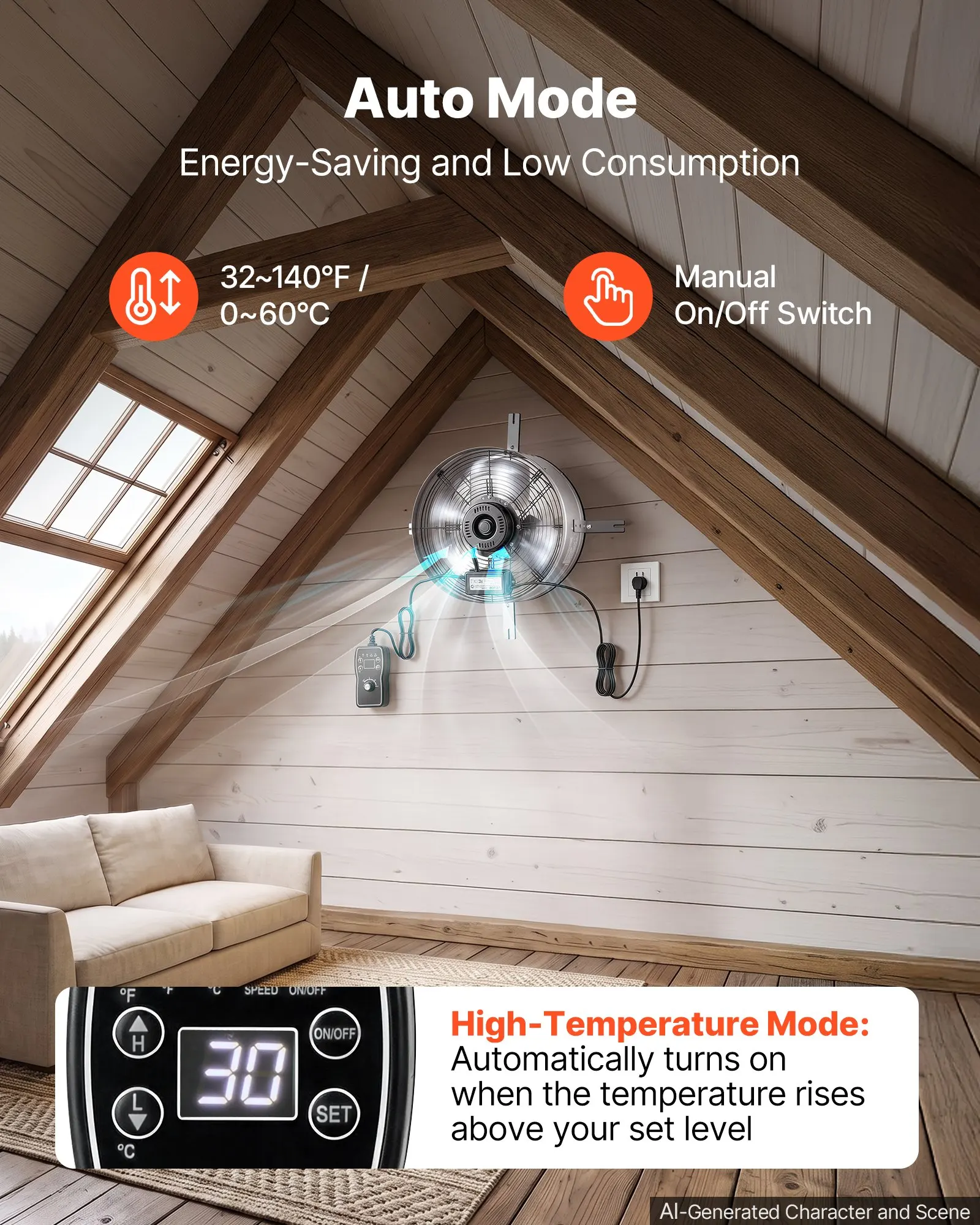 Gable Mount Fan, 15 in Gable Attic Vent Exhaust Fan with Thermostat, 1300 CFM Cooling and Ventilation for Home, Garage, Warehouses, Workshops, Carbon Steel Housing with Mounting Bracket, Silver