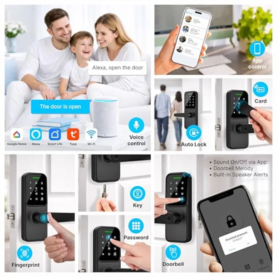 Front door, bedroom, office smart lever door lock with fingerprint, keypad, doorbell, FOB cards, WiFi, app control, auto-lock s