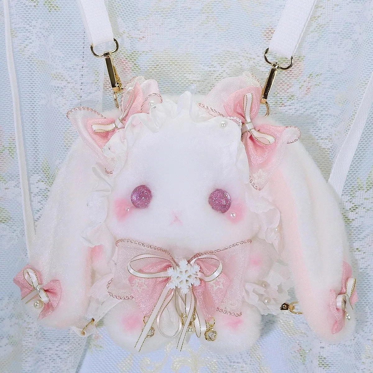 Macaron Original Lolita Handwork Doll Plush Rabbit Bag Cute Ribbon Beads Bow Shoulder Crossbody Bag Princess Girls Birthday Gift
