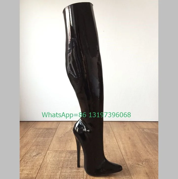 Lady mirror PU Metallic knee boots super heel dance pointed toe PU black boots gothic punk style boots sexy size 35-46 footwear