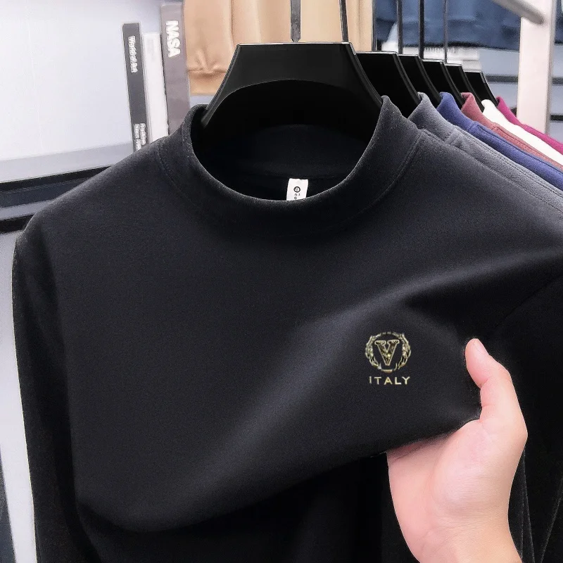 High end trend brand long sleeve men's T-shirt comfort velvet autumn winter warm sweater new fashion letter embroidery pullover