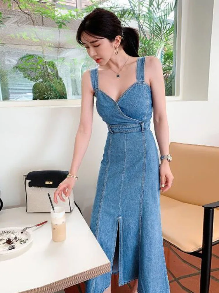 

Mid Length Slit Denim Dress For Women Summer Womens Dresses Long Dress Fashion Summer Dresses 2024 Dresses For Formal Occasions