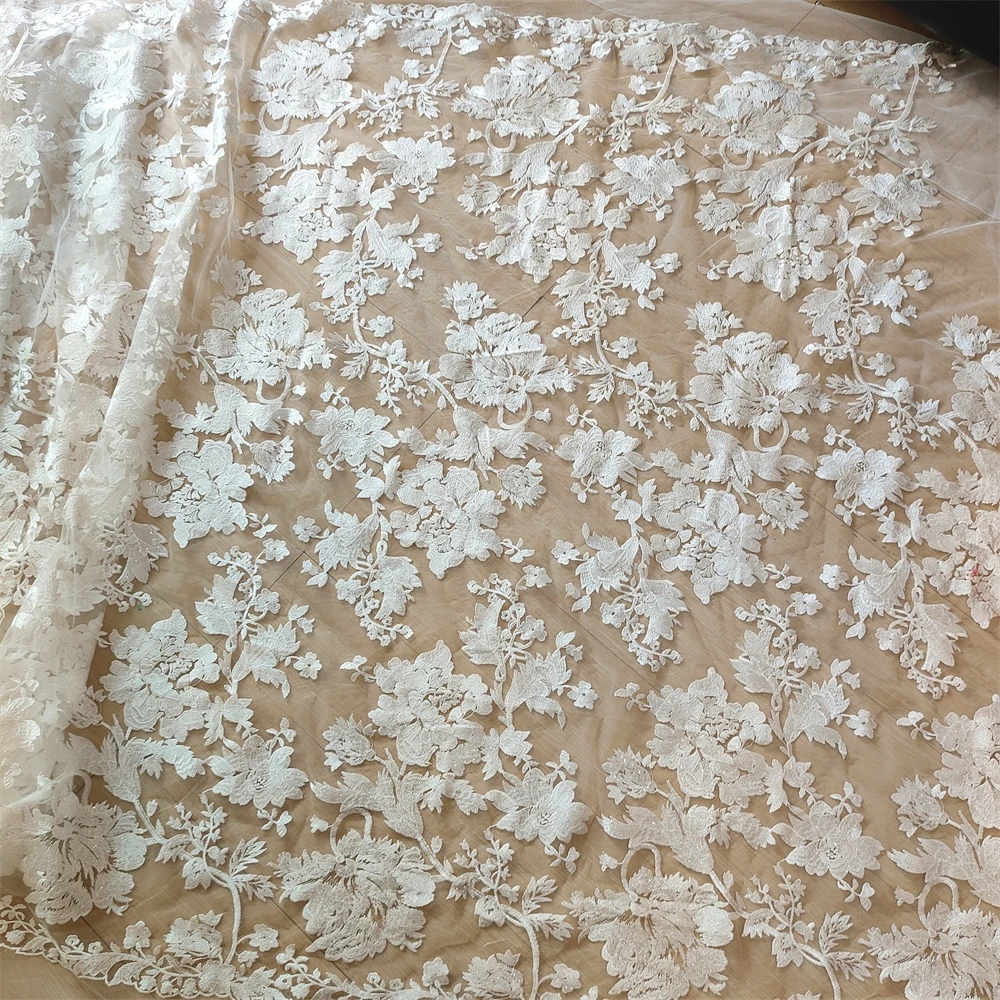 

New High Quality White Large Flower Sparkle Lace Fabric for Handmade DIY Wedding Dresses Background Decoration Accessories