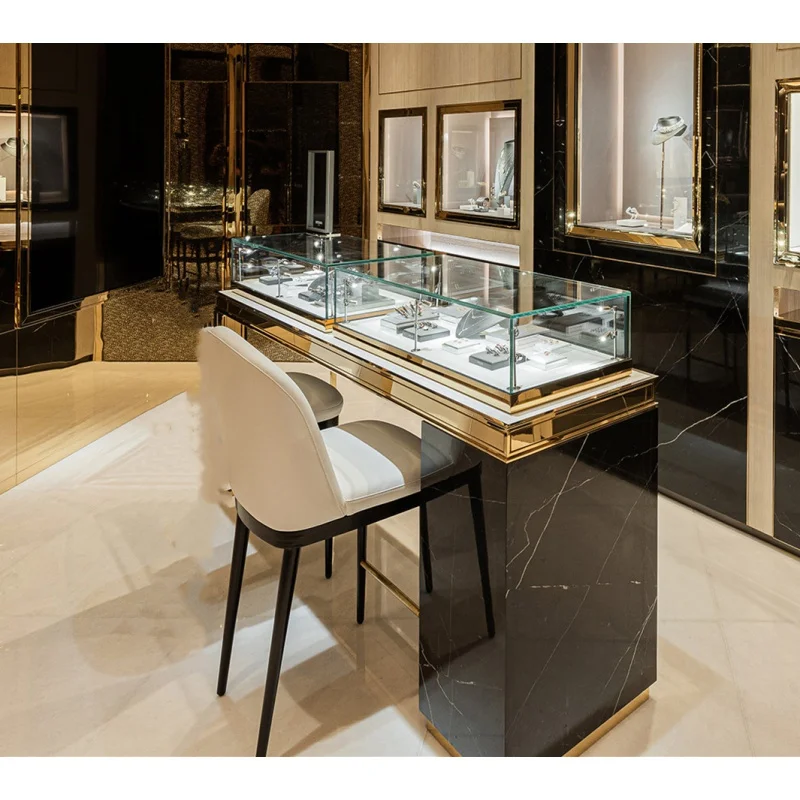 Custom, High-end Jewelry Display Counter Modern Display Stainless Steel Gold Jewelry Showcase