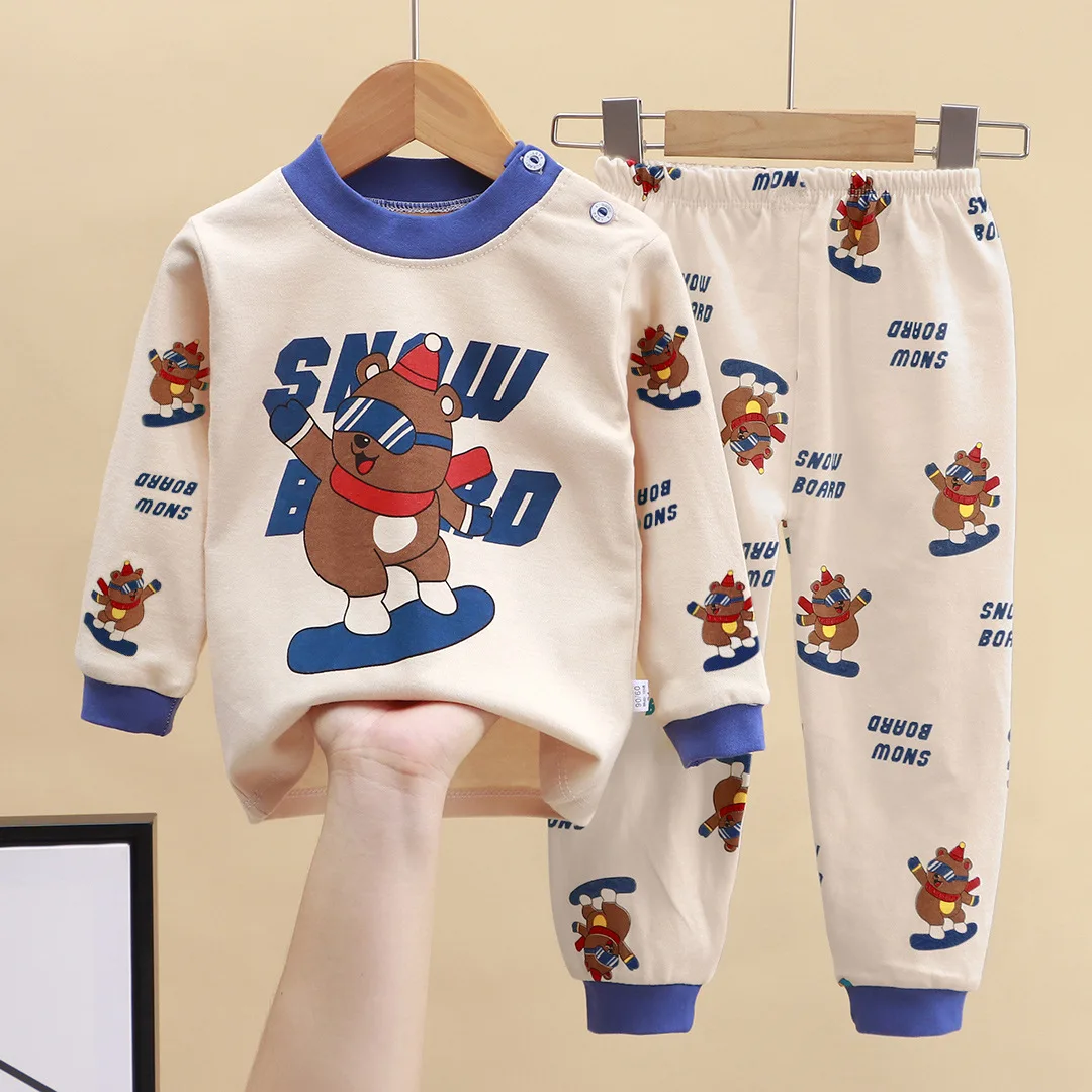 Children Cozy Night Sleep Kid Adorable Girl Pajama Set Unisex Baby Home Clothes Brown Top Cartoon Design Long Sleeves Long Pants