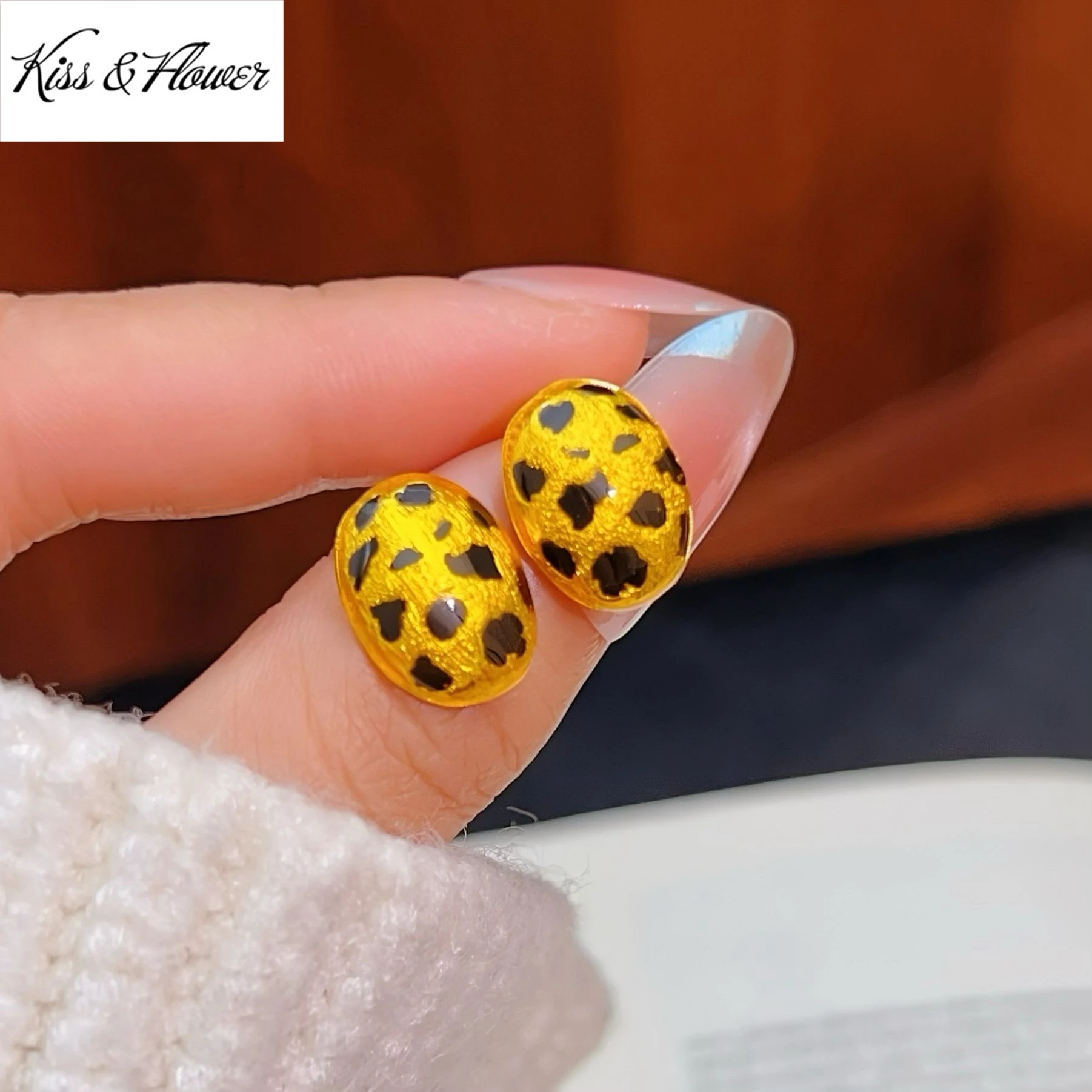 KISS&FLOWER 24KT Gold Heart Oval Leopard Print Autumn Winter Stud Earrings For Women Wedding Party Birthday Christmas Gift ER579