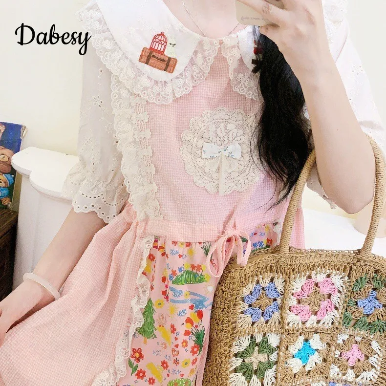 Japanese Mori Girl Lace Patchwork Pink Dress Summer New Pretty Cotton Linen Dress Wome Loose Puff Sleeved Kawaii Midi Vestidos