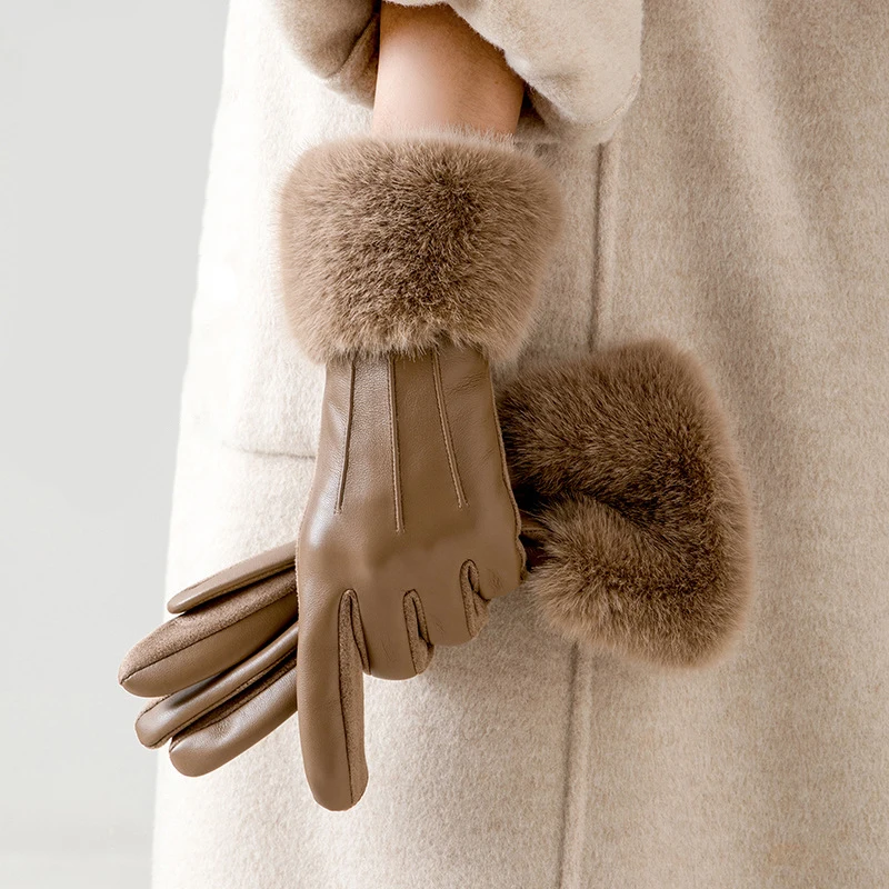 2025 Women Luxury Leather Soft Faux Fur Trim Cuff Fashion Elegant Wrist Winter Party Warm Touch Screen Thick Windproof Gloves