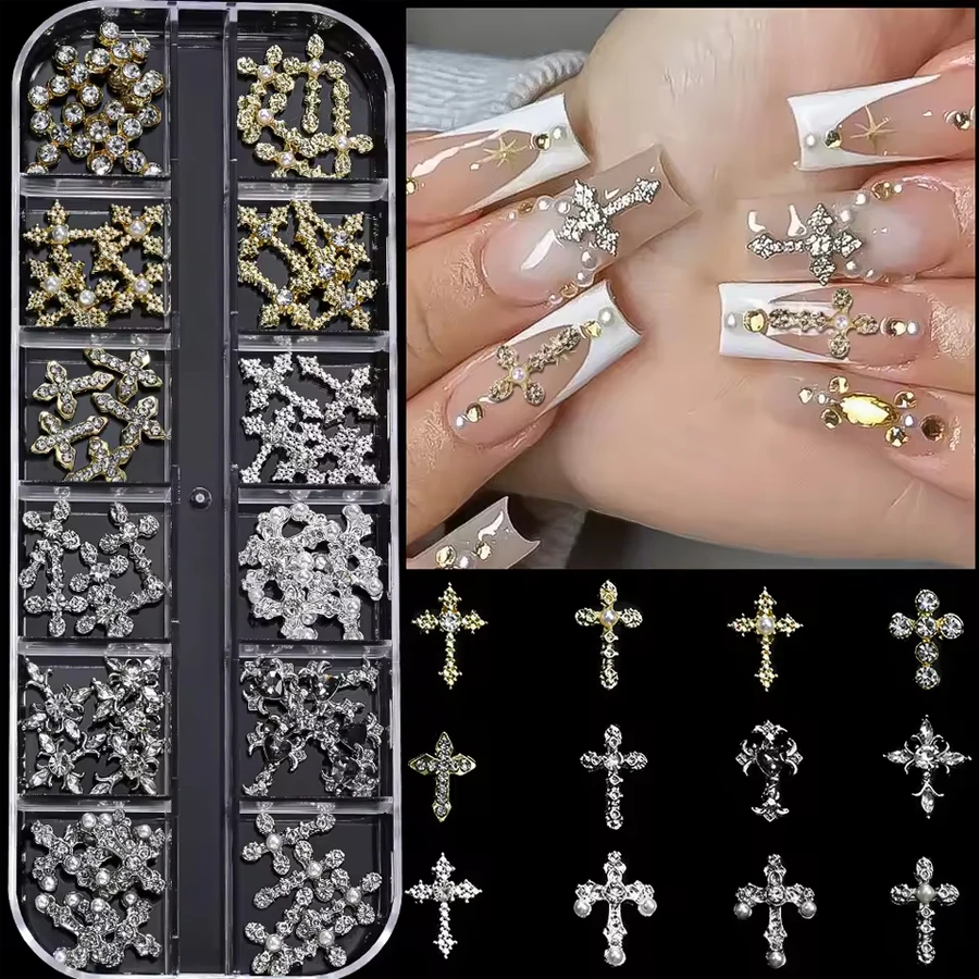 12Grids 3D Exquisite Cross Nail Art Rhinestones Y2k Metal Punk Full Glitter Diamond Cross Nail Charms Flat-Back Jewelry Nail DIY