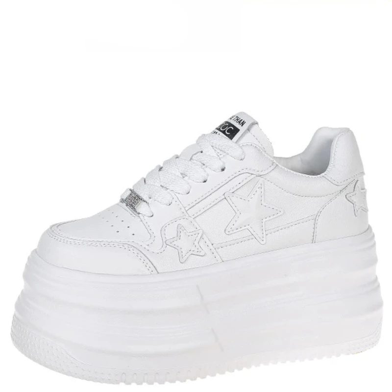 

2026 New Thick Bottom White Leather Shoes Women Sneakers Leather Casual Shoes Skateboard Round Toe Heels Comfortable Zapatillas