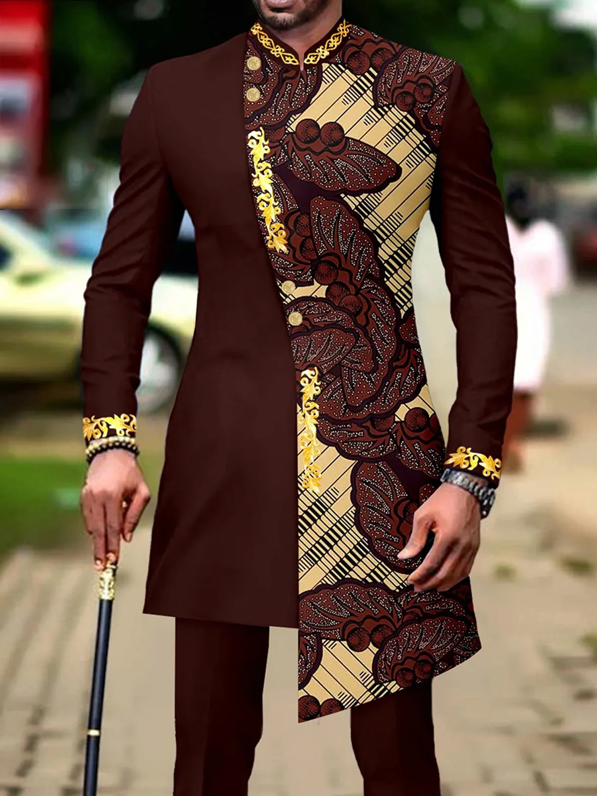 

Men's casual two-piece suit set with long sleeves, mid-length jacket and trousers.
