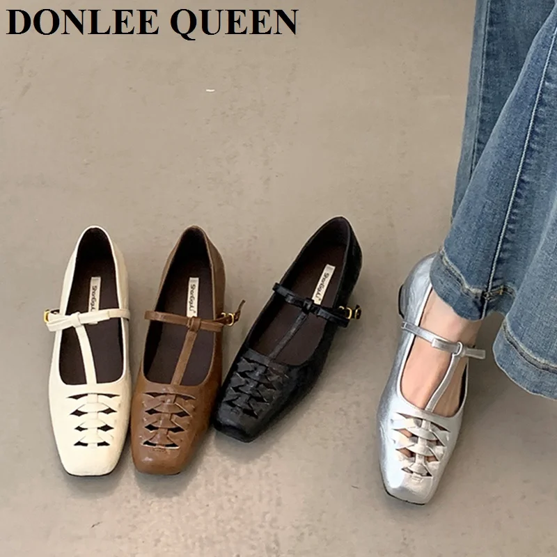 

2025 Summer Retro Square Toe Mary Jane Shoes Women Flats Heel Shallow Ballet Fashion Woven Hollow Out Slip On Loafers Breathable
