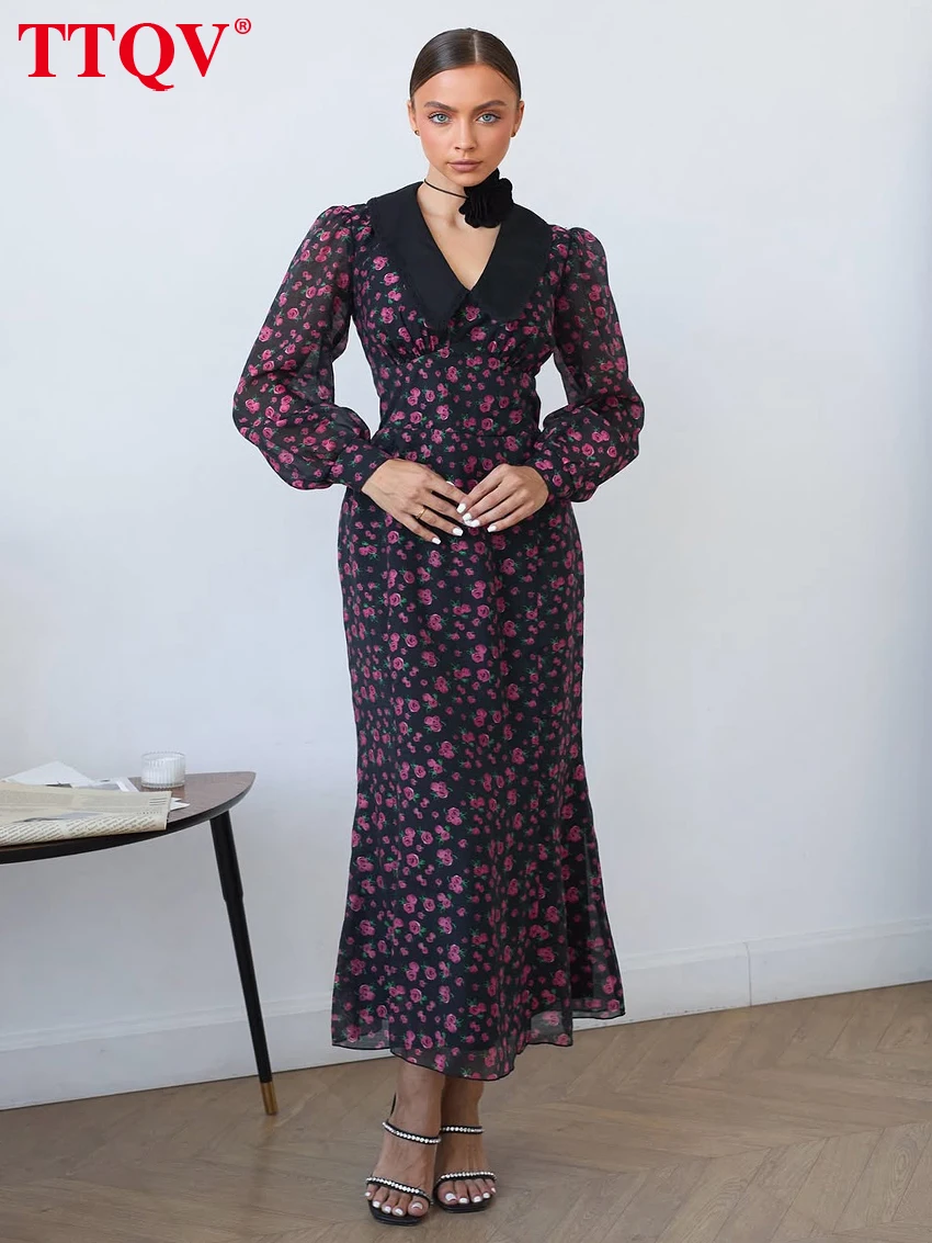 

TTQV Vintage Loose Print Women's Dress Spring Lapel Long Sleeve Ankle Length Dresses Elegant Classic High Waist Female Dress