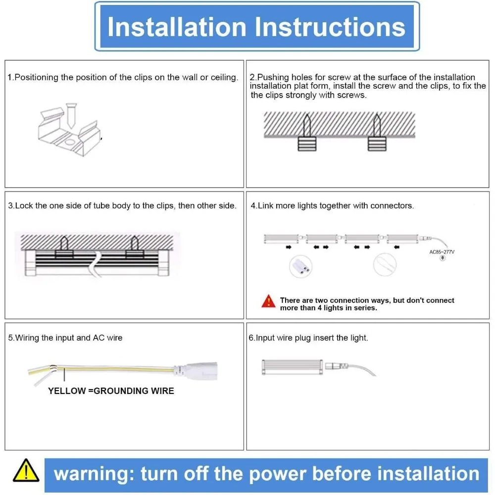 10パック 8フィート ホワイト LED T8 ショップライト、72W 9500ルーメン、6500K デイライト、高出力クリアカバー、V字型270度ビーム