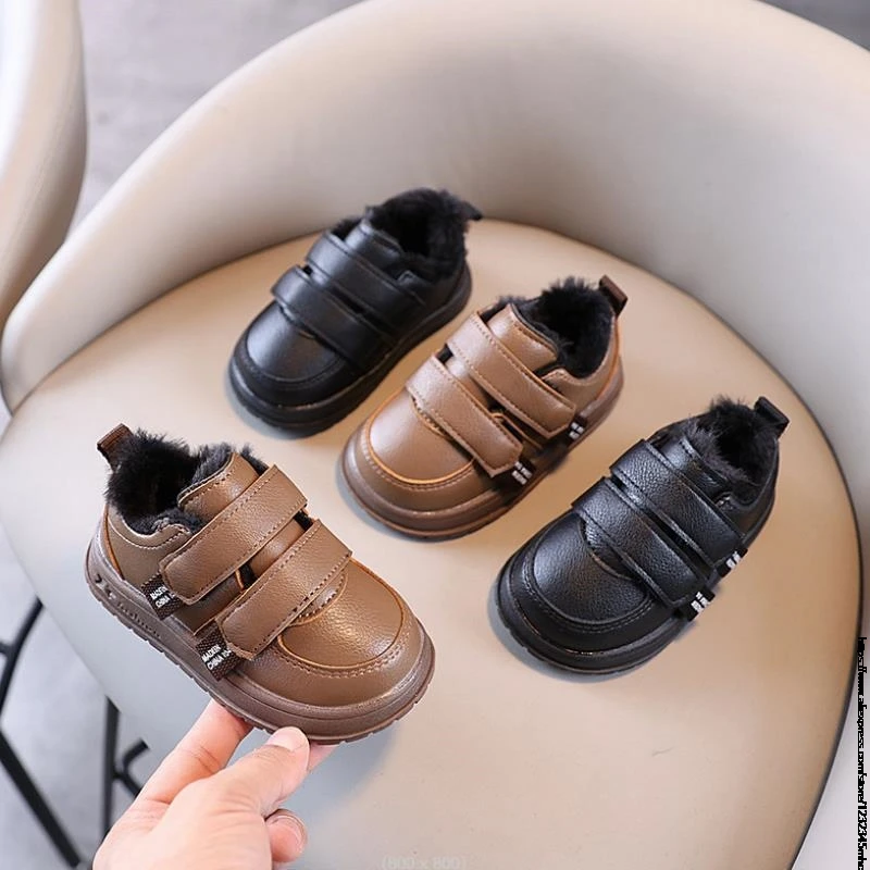 British Style Children Leather Shoes for Girls Winter Thick Soled Fur Warm Boys Uniform School Cotton Shoes Plush PU