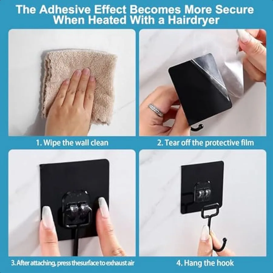 خطافات حائط لاصقة، عبوة سوداء مكونة من 10 خطافات حمام مقاومة للماء ومقاومة للصدأ تصل إلى 30 رطلًا كحد أقصى. مثالية للتعليق مناسبة للحمام #5