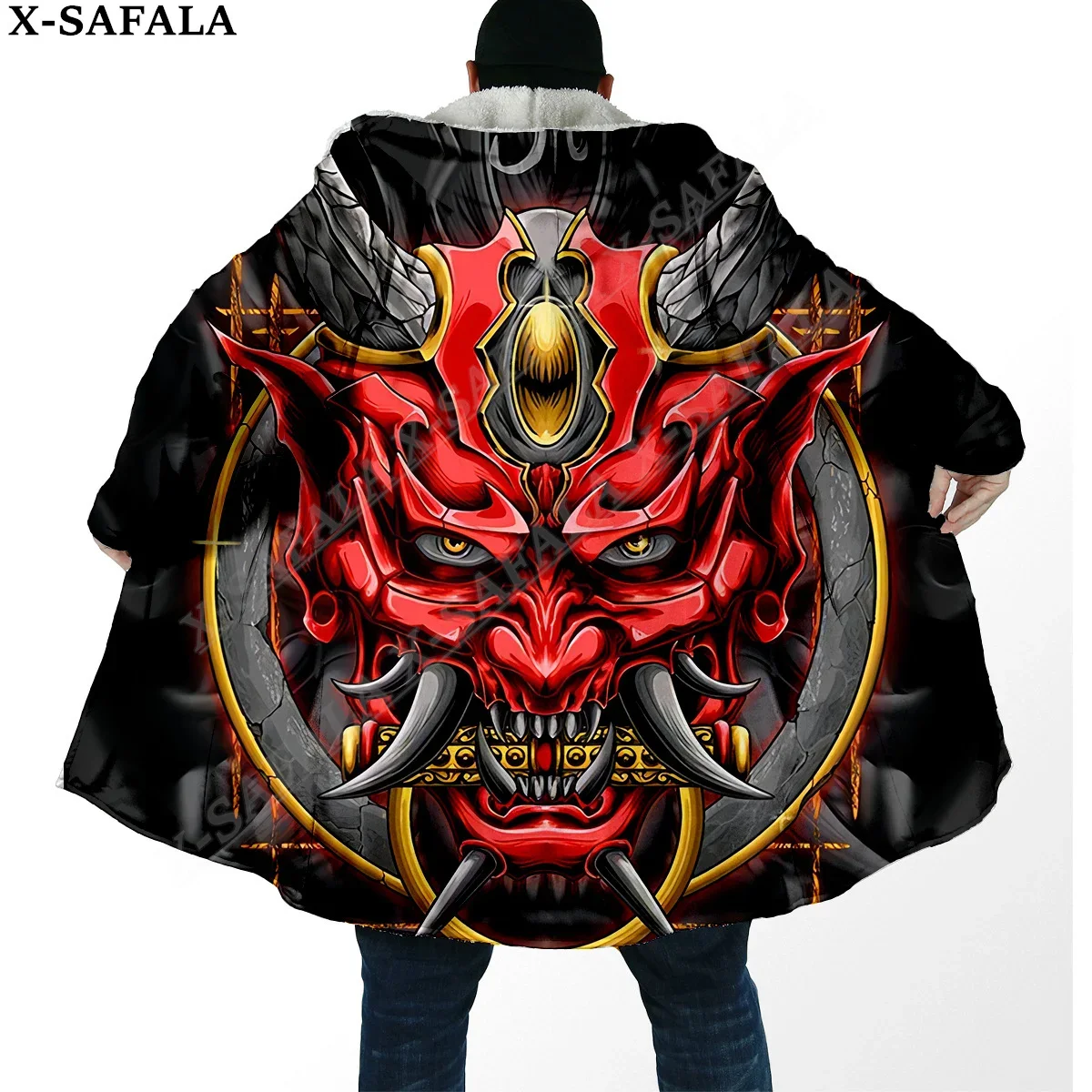 

Japanese Samurai Oni Mask Tattoo Warrior Overcoat Coat 3D Print Thick Warm Hooded Cloak Men Windproof Fleece Unisex-12