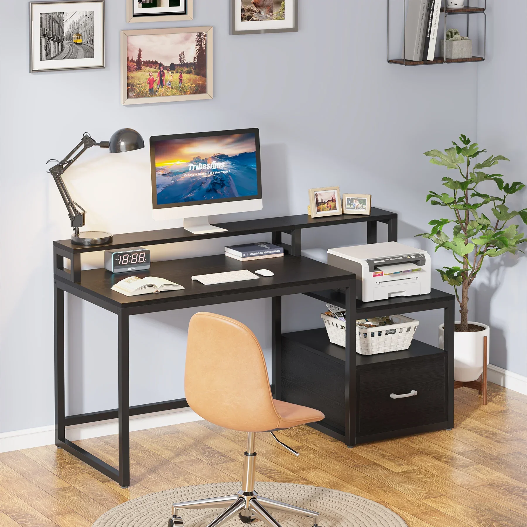 Tribesigns 60 inch Computer Desk with Storage Shelves and File Drawer Large Home Office Desk with Hutch Study Writing Desk