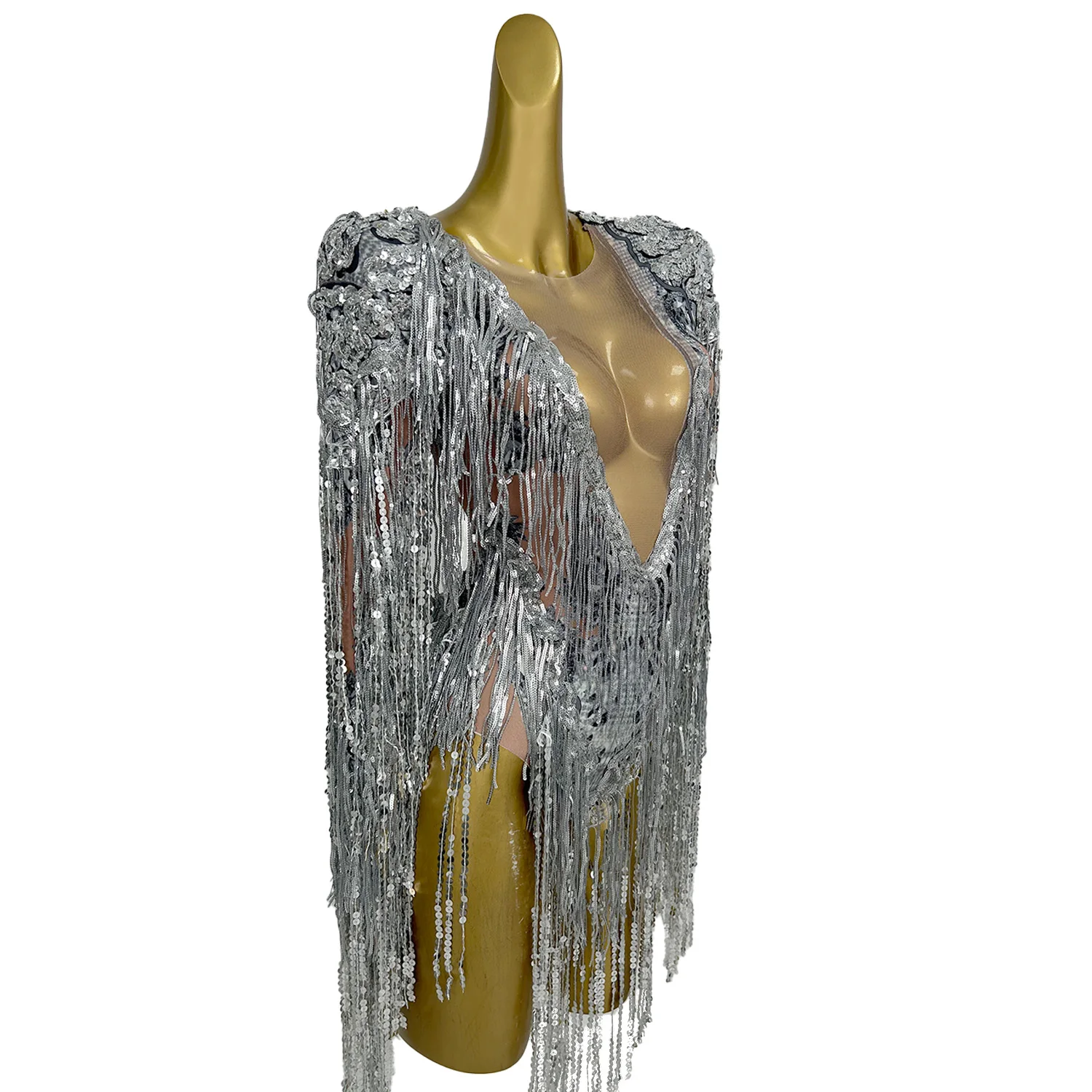 

Women Sequin Tassel Dance Bodysuit Stretch Long Sleeve Sexy Mesh Catsuit Nightclub DJ Singer Costume Event Party Show Stage Wear