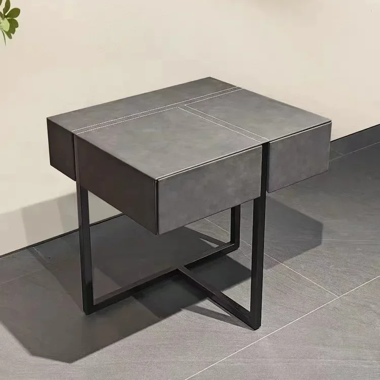 All solid wood bedside table designer creative matte leather light luxury high-end Italian minimalist bedside table