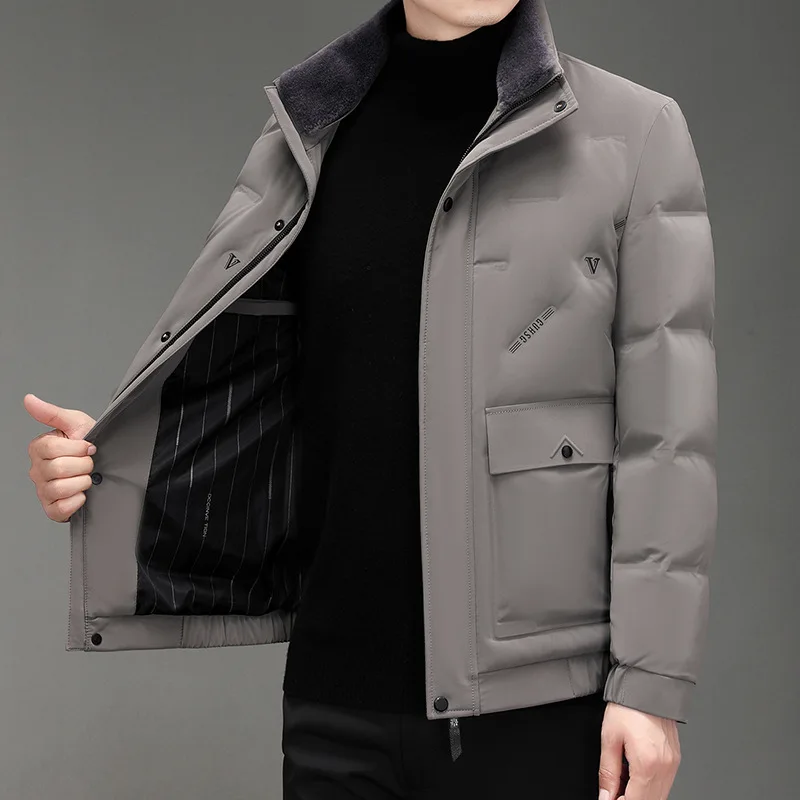 High-end Quality White Duck Down Down Jacket Men Winter Coat Fur Collar Zip Long Sleeve Business Casual Puffer Windproof Pocket