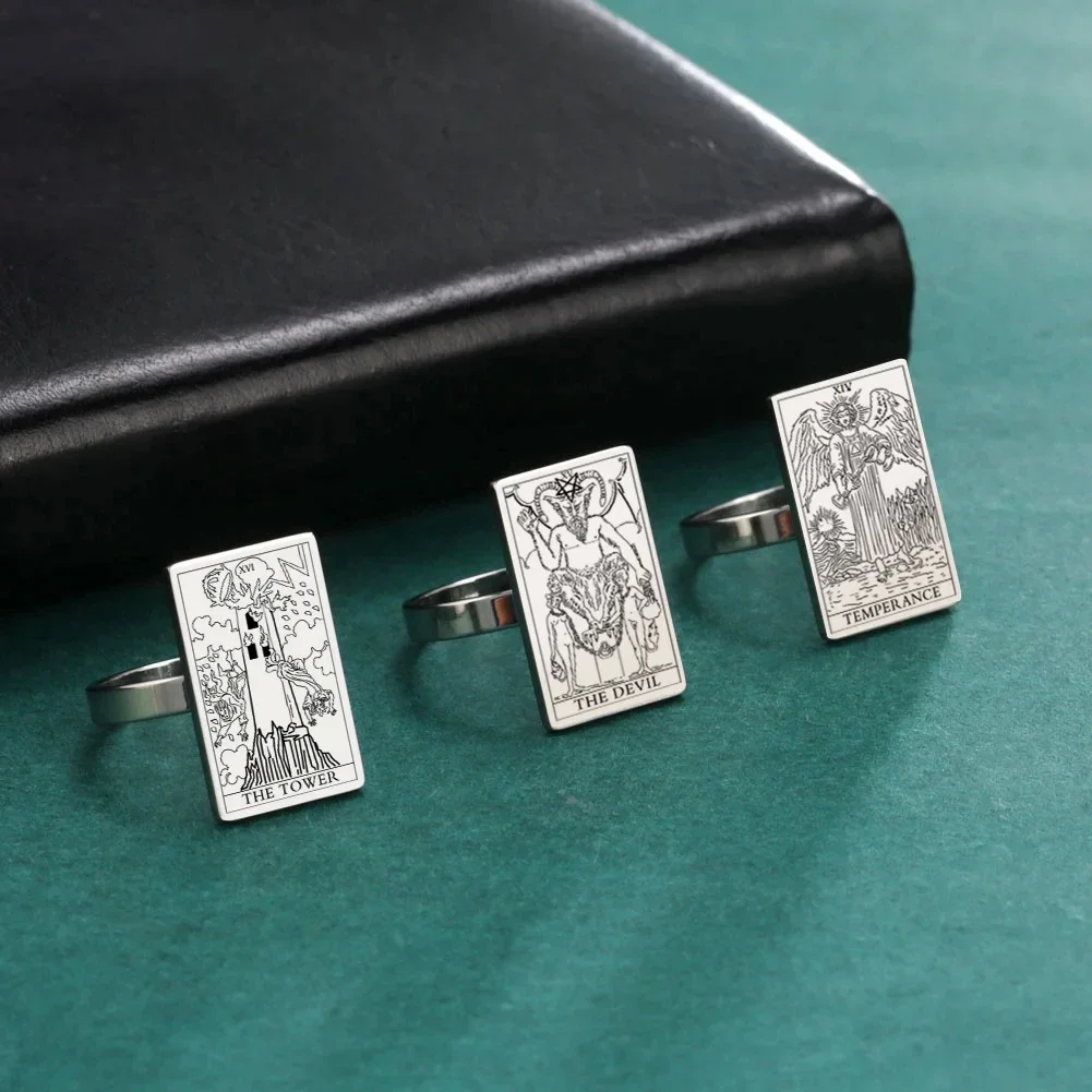 Skyrim Rectangular Tarot Stainless Steel Ring For Men And Women fashionable Retro Astrological Symbols Mysterious Cards Jewelry